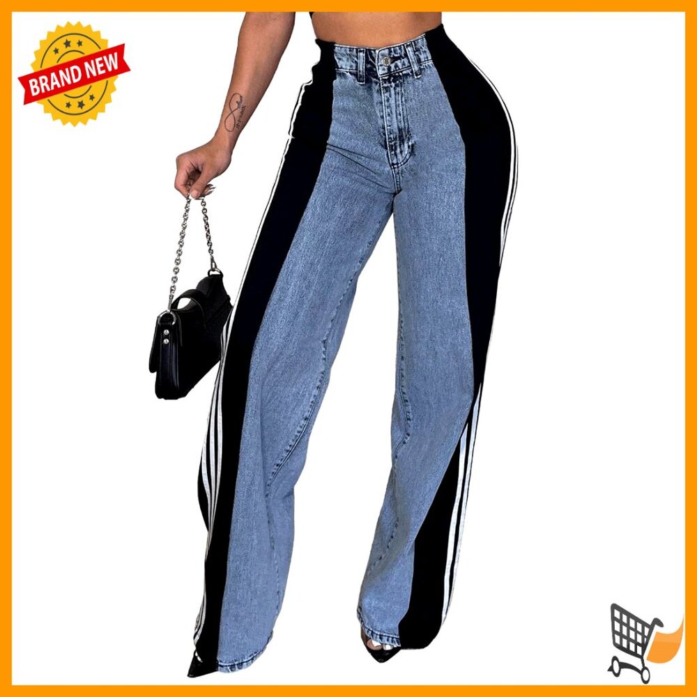 High Waisted Stretchy Denim Patchwork Stripes Str… - image 1